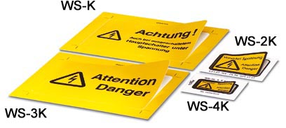 Phoenix Contact Adhesive warning plate; self-adhesive; black print: lightning flash with mixed verson -  Vorsicht Spannung - Attention Danger  size of label: 13 x 23.5mm
